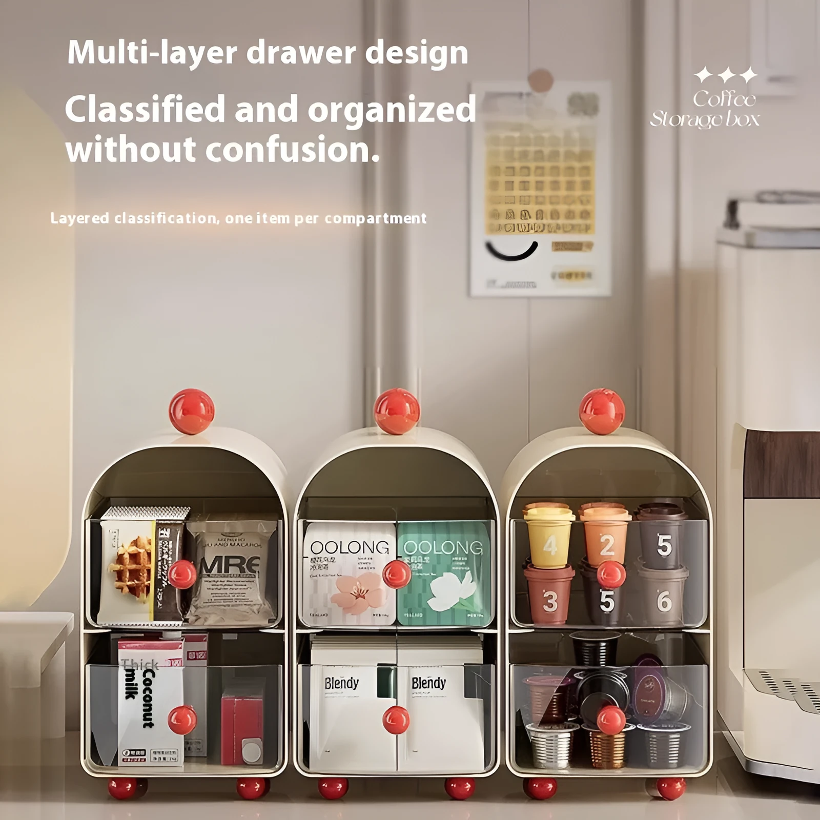 Transparent large capacity plastic drawer storage box in Milky White Red for office use