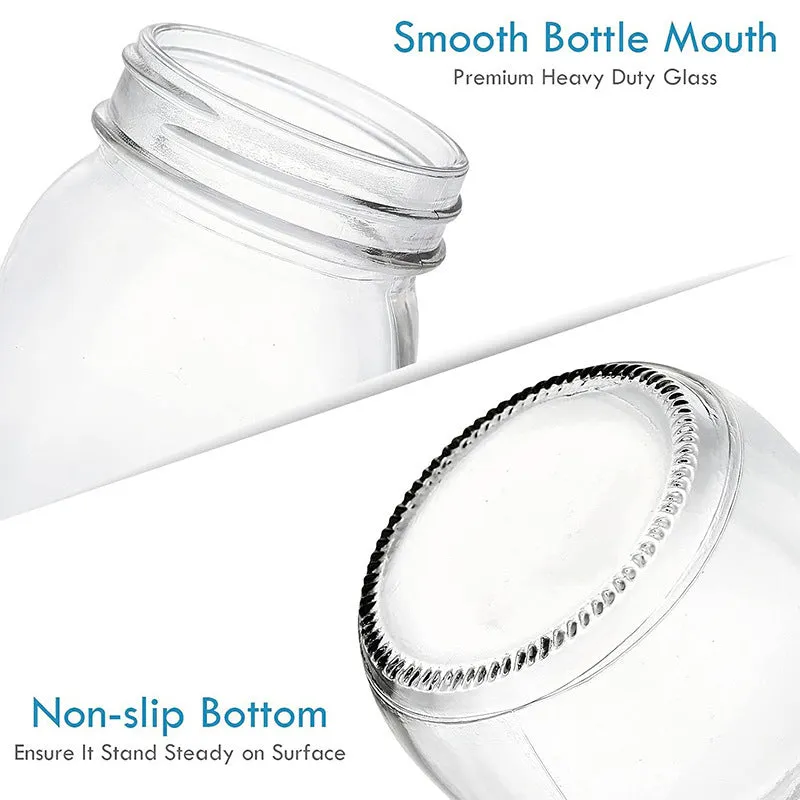 Set of six transparent 32oz glass bottles with airtight lids on a kitchen shelf