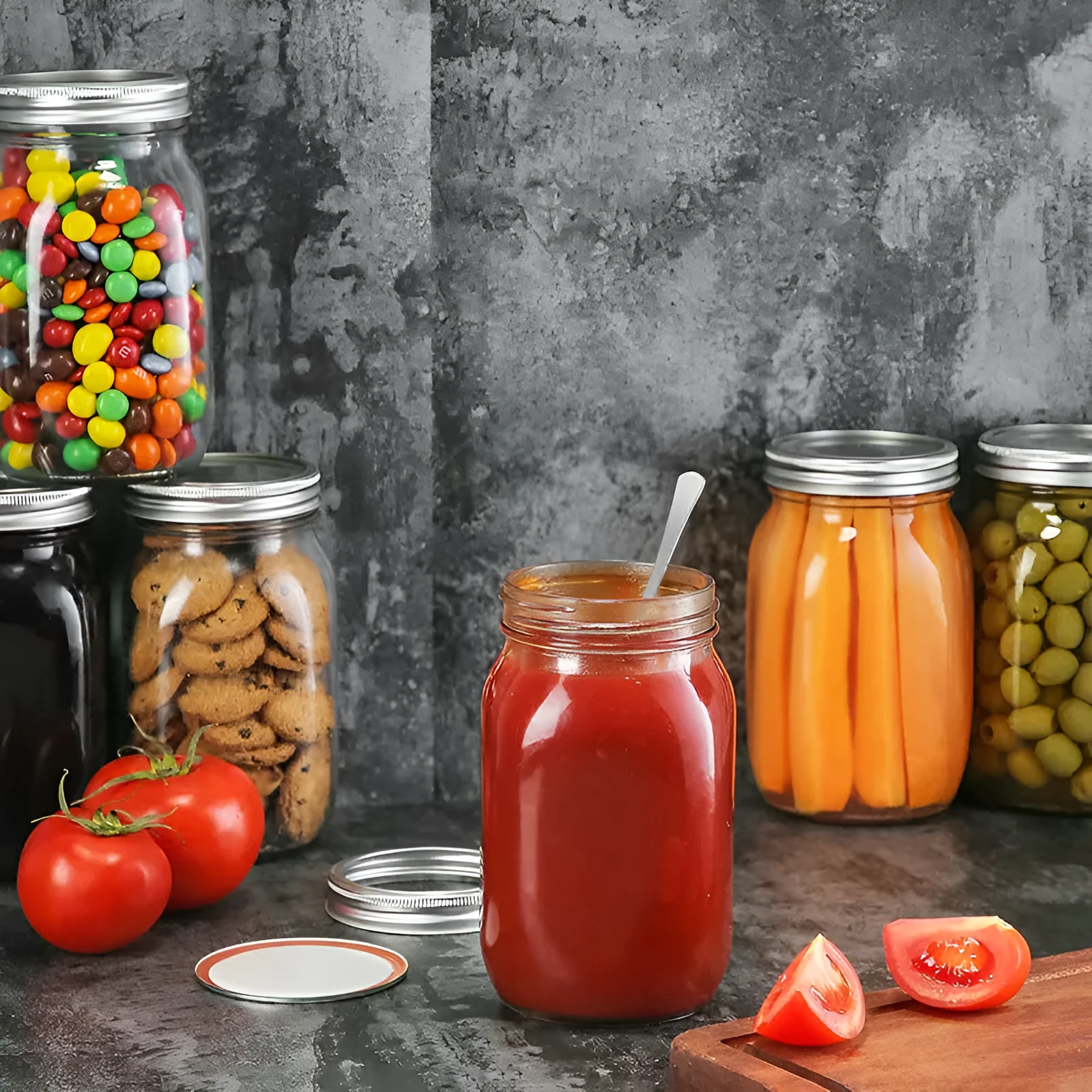 Set of six transparent 32oz glass bottles with airtight lids on a kitchen shelf
