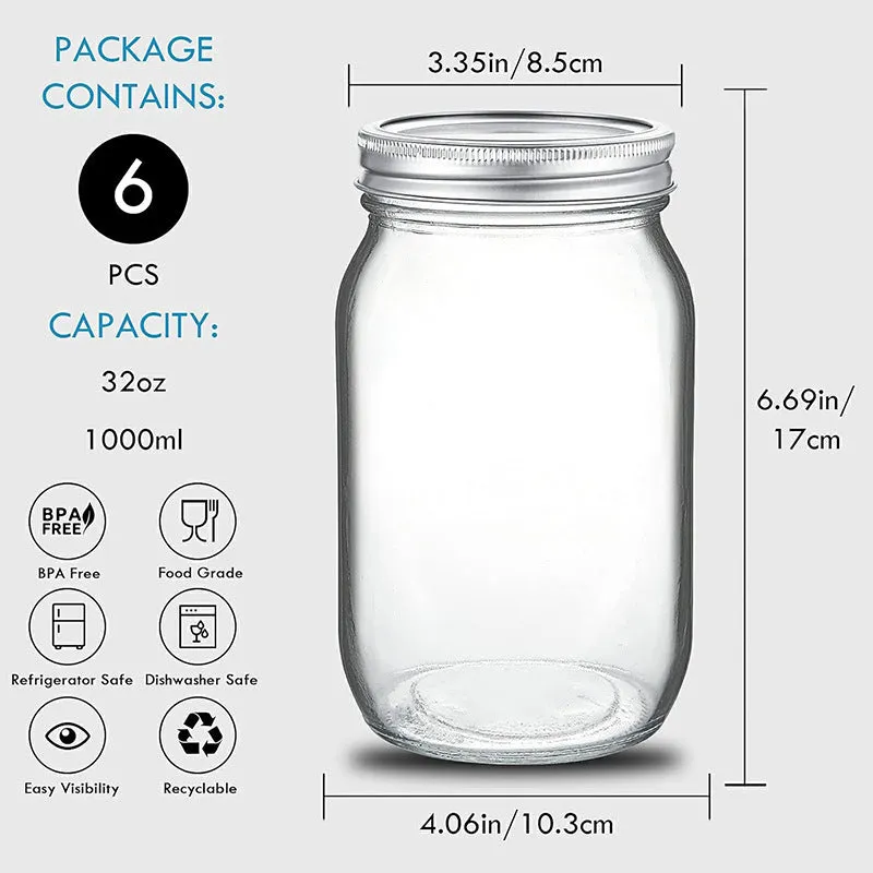Set of six transparent 32oz glass bottles with airtight lids on a kitchen shelf