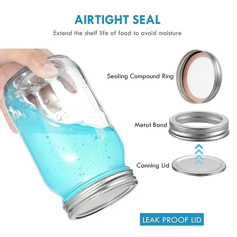 Set of six transparent 32oz glass bottles with airtight lids on a kitchen shelf