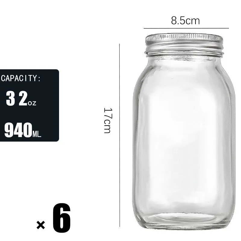 Set of six transparent 32oz glass bottles with airtight lids on a kitchen shelf