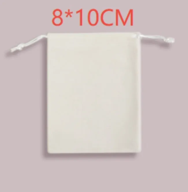 White 8x10cm fabric drawstring storage bag on plain background