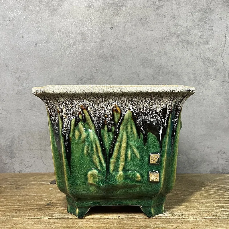 Ceramic decals flower pot square 22cm caliber high depth green glaze changed No 22 middle decal