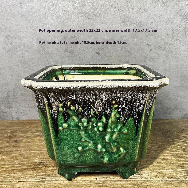 Ceramic decals flower pot square 22cm caliber high depth green glaze changed No 22 middle decal