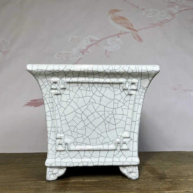 27cm square ceramic flower pot with white ice crack glaze finish for indoor orchids