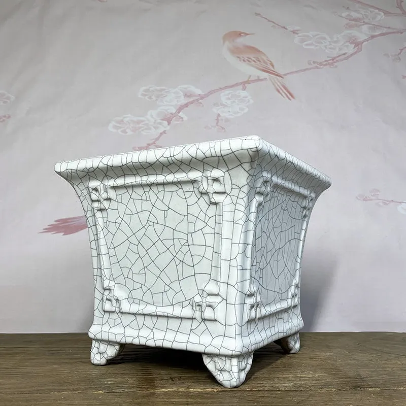 27cm square ceramic flower pot with white ice crack glaze finish for indoor orchids