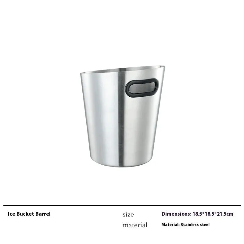 Modern wine accessories set including glassware, ice bucket, and stainless steel ornaments on a table