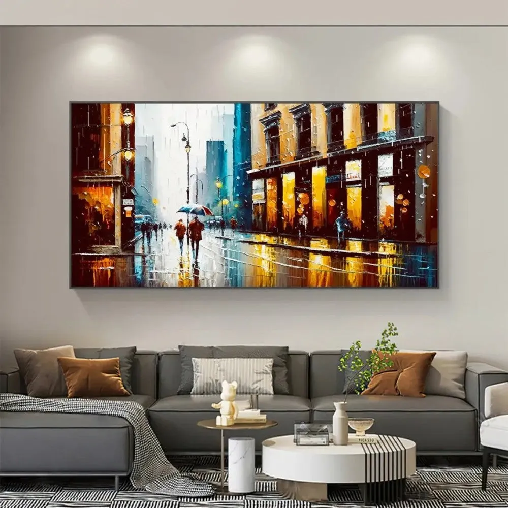 Handmade oil painting canvas wall art, modern abstract urban architectural street scene, horizontal rolled frameless unstretched painting
