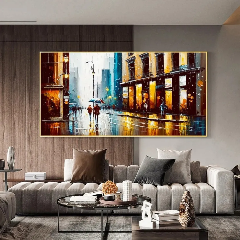 Handmade oil painting canvas wall art, modern abstract urban architectural street scene, horizontal rolled frameless unstretched painting