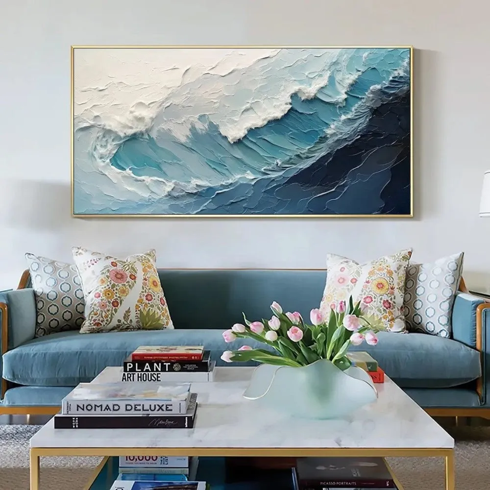 Handmade oil painting blue white ocean waves texture landscape on canvas for living room wall decoration