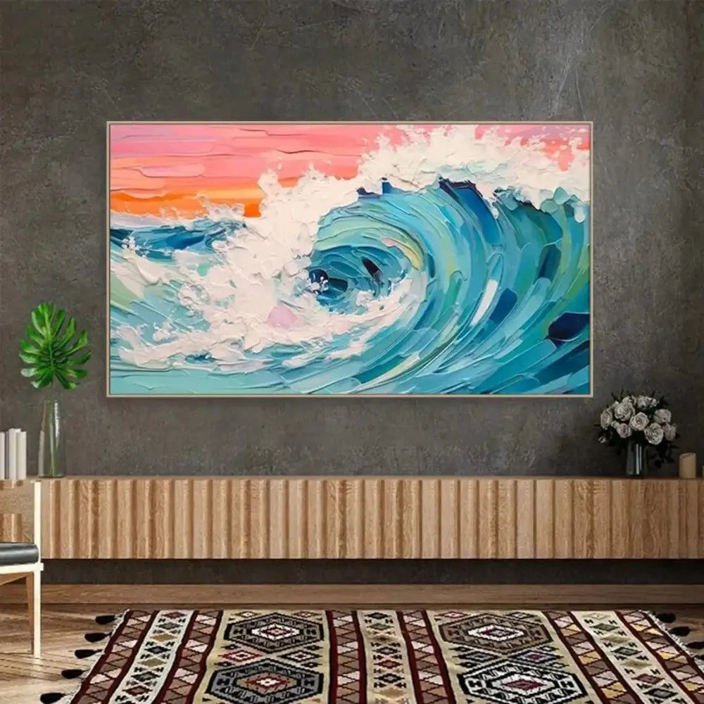 Handmade oil painting blue white ocean waves texture landscape on canvas for living room wall decoration