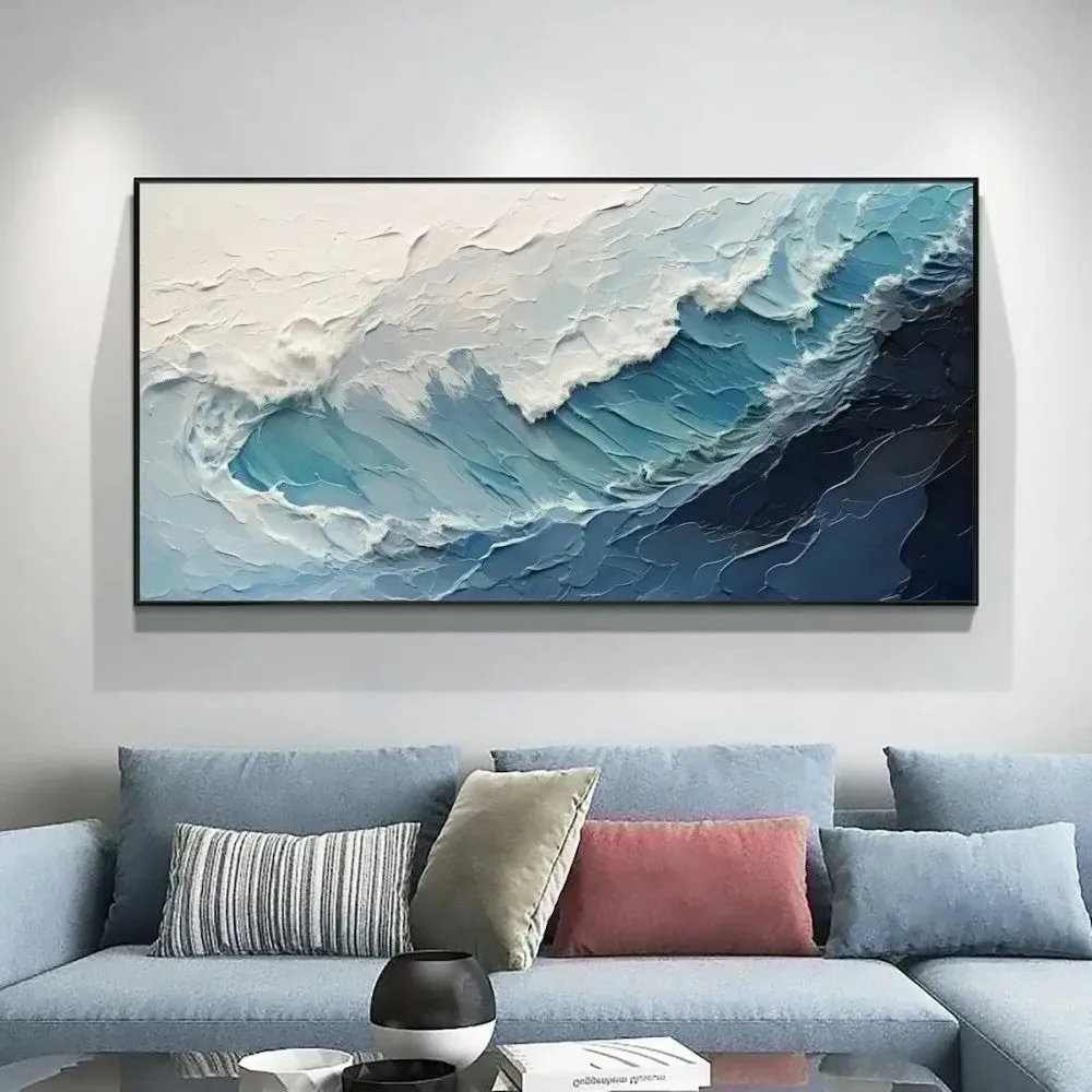 Handmade oil painting blue white ocean waves texture landscape on canvas for living room wall decoration