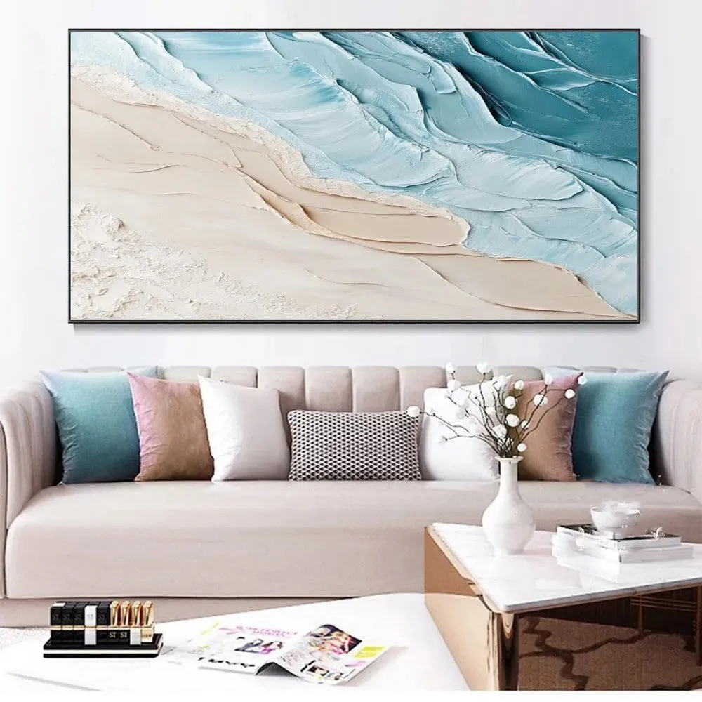 Handmade oil painting blue white ocean waves texture landscape on canvas for living room wall decoration