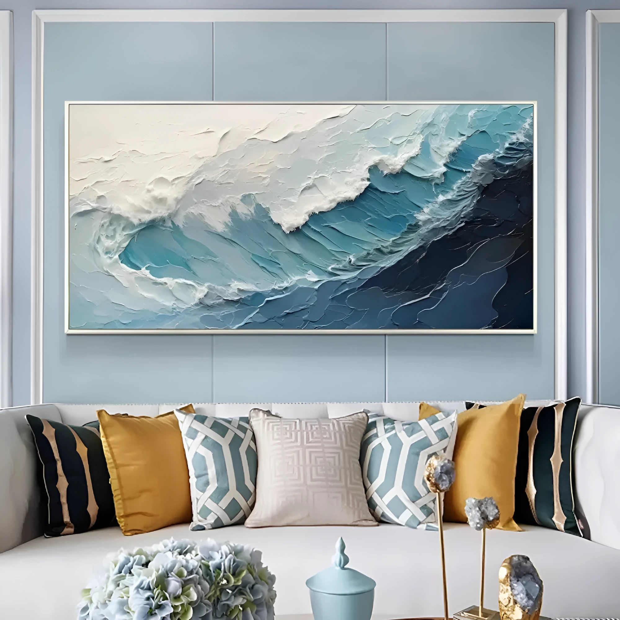 Handmade oil painting blue white ocean waves texture landscape on canvas for living room wall decoration