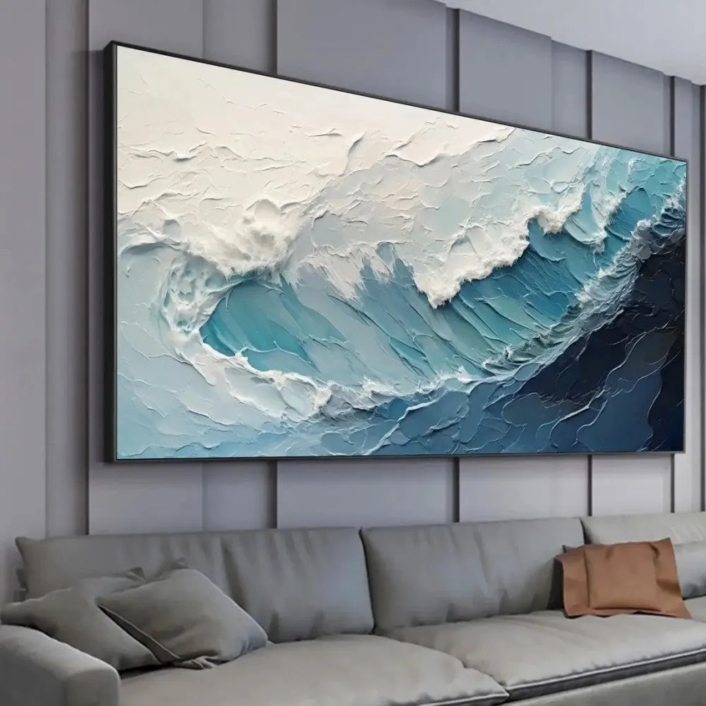 Handmade oil painting blue white ocean waves texture landscape on canvas for living room wall decoration