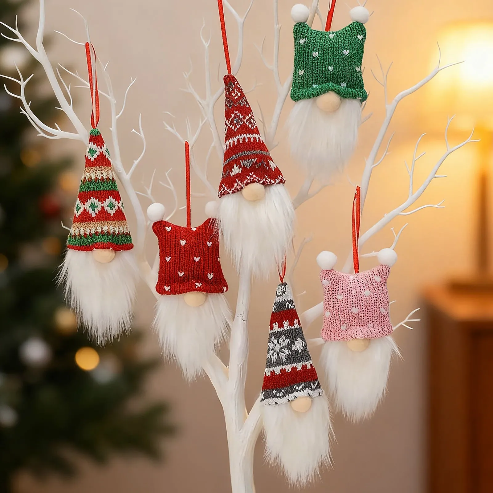 Christmas Nordic style knitted gnome pendant set cloth ornament with pointed hat and beard