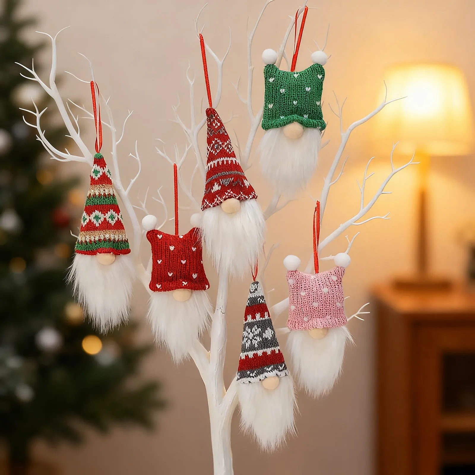 Christmas Nordic style knitted gnome pendant set cloth ornament with pointed hat and beard