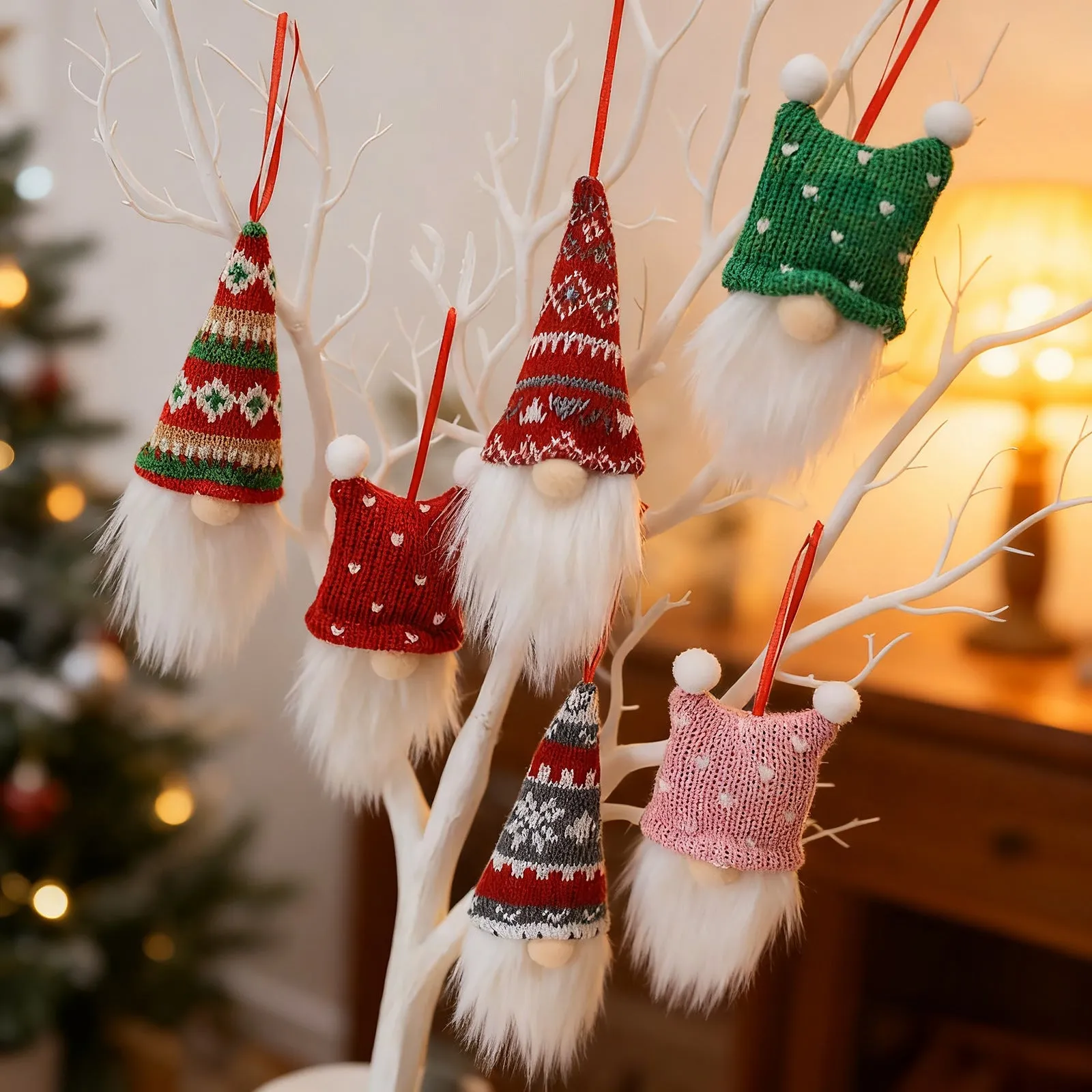 Christmas Nordic style knitted gnome pendant set cloth ornament with pointed hat and beard