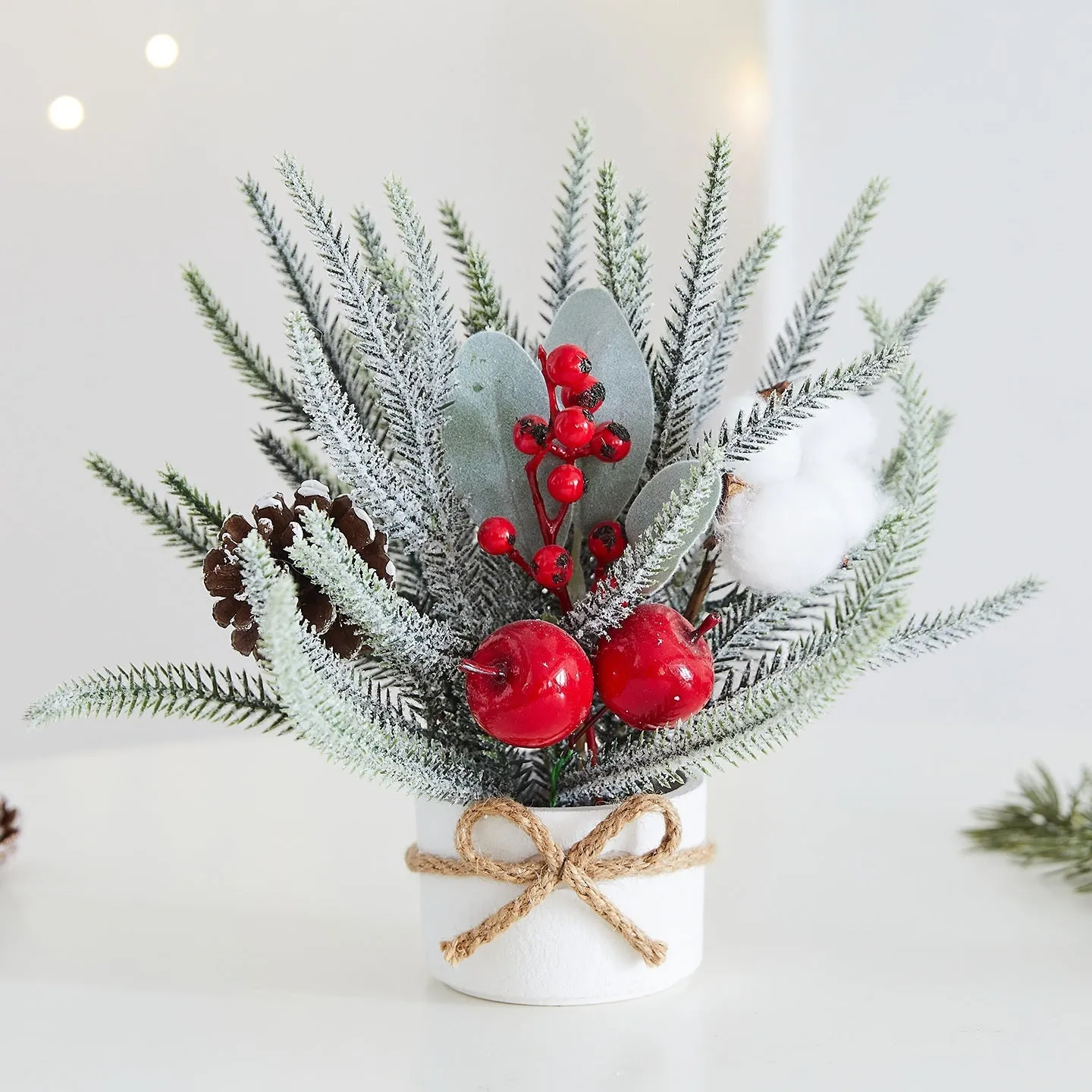 Desktop mini Christmas tree ornament with four colour options in European, American, and Nordic styles made from plastic, PVC, PET, and cloth.