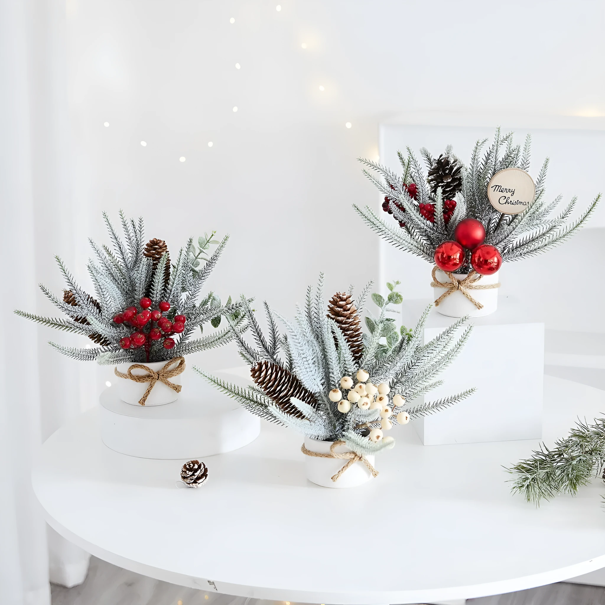 Desktop mini Christmas tree ornament with four colour options in European, American, and Nordic styles made from plastic, PVC, PET, and cloth.
