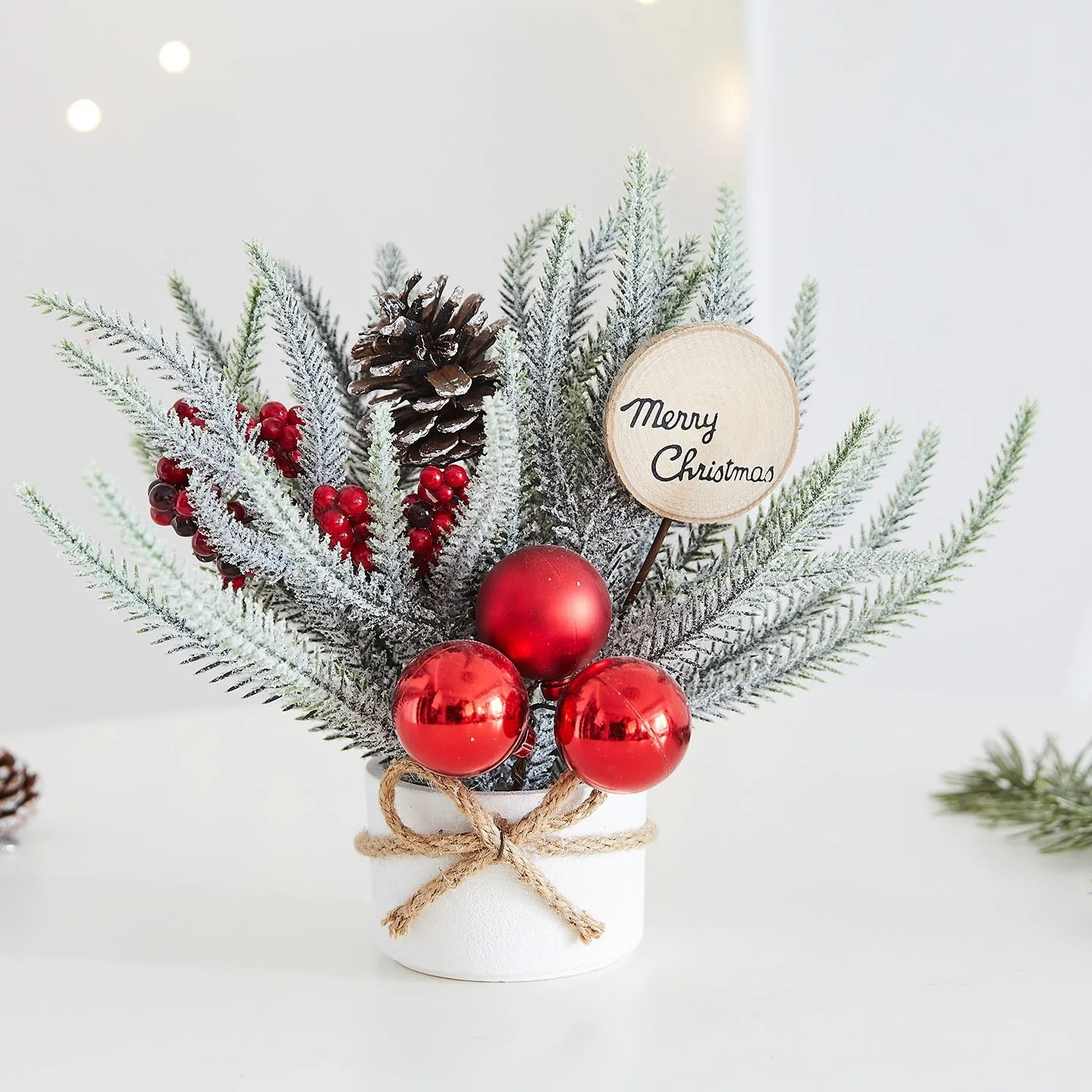 Desktop mini Christmas tree ornament with four colour options in European, American, and Nordic styles made from plastic, PVC, PET, and cloth.