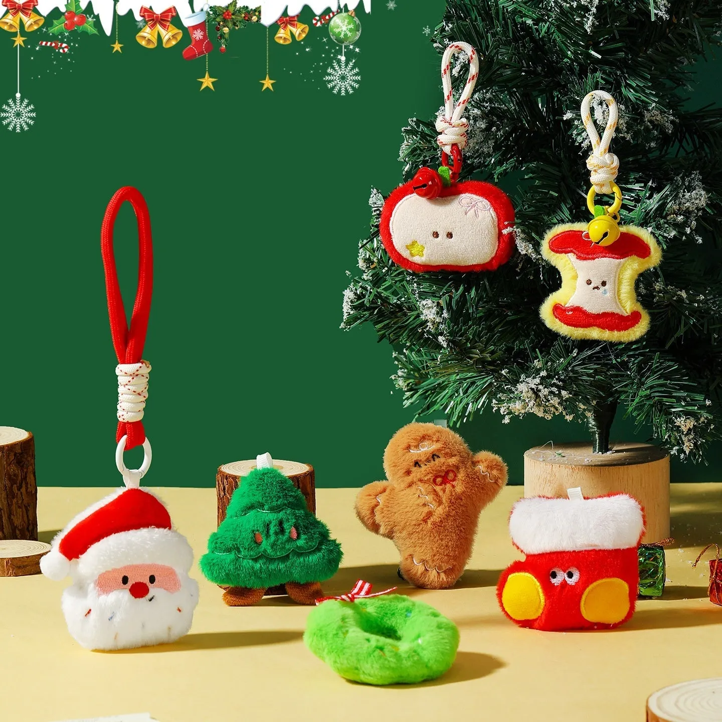Set of eight Christmas plush pendant keychains in cartoon designs including Santa Claus, snowman, gingerbread man, Christmas tree, and more