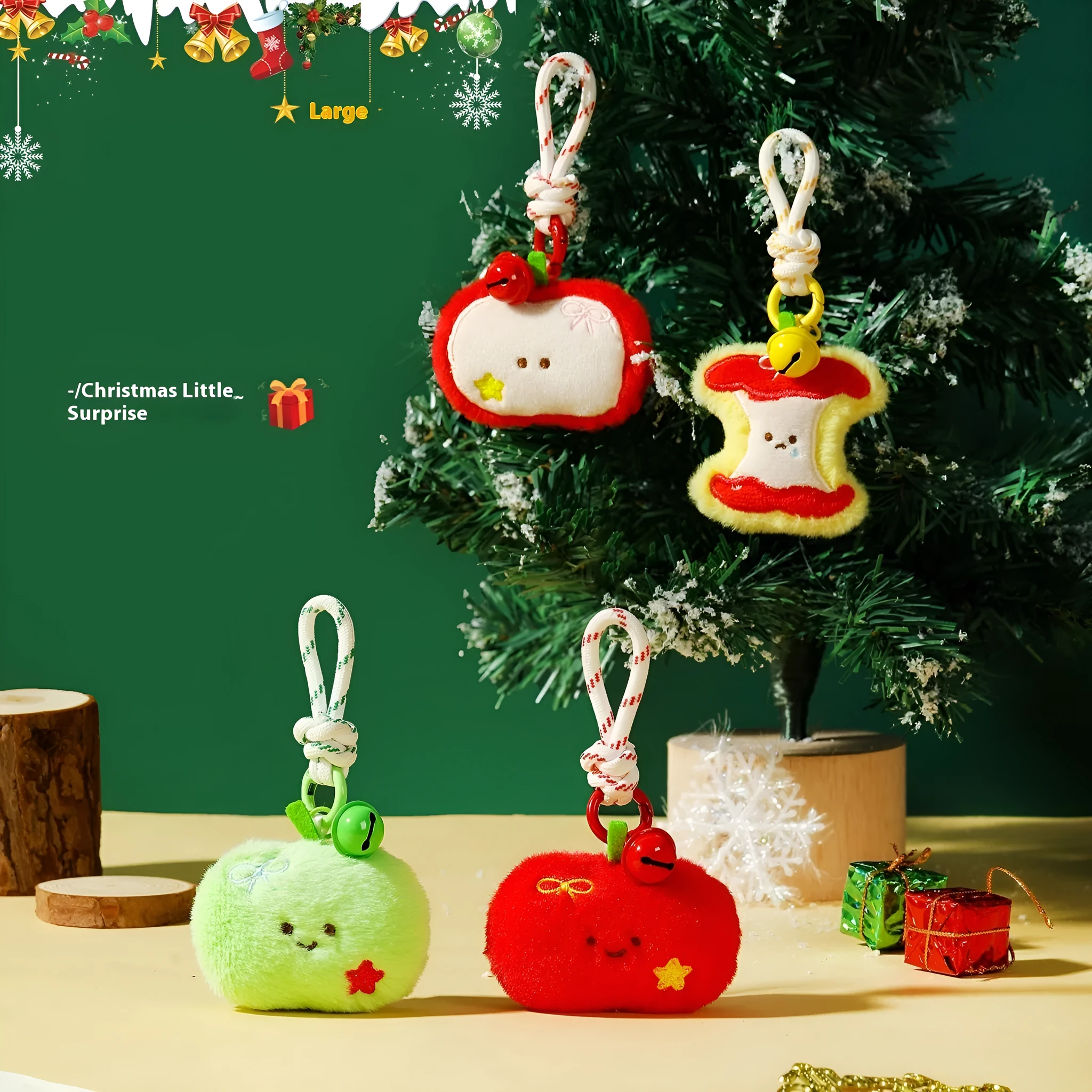 Set of eight Christmas plush pendant keychains in cartoon designs including Santa Claus, snowman, gingerbread man, Christmas tree, and more