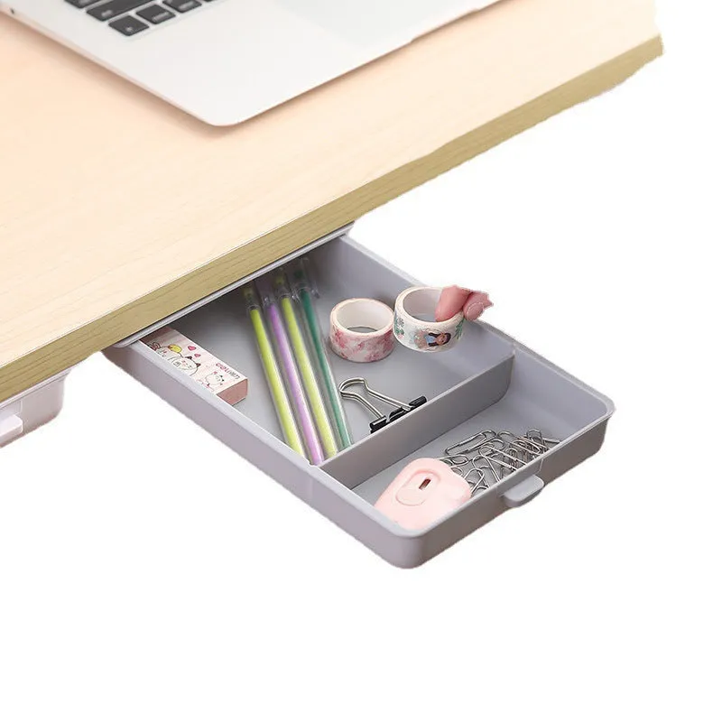 Plastic hidden storage box with drawer that sticks under tables in grey, orange, white or yellow