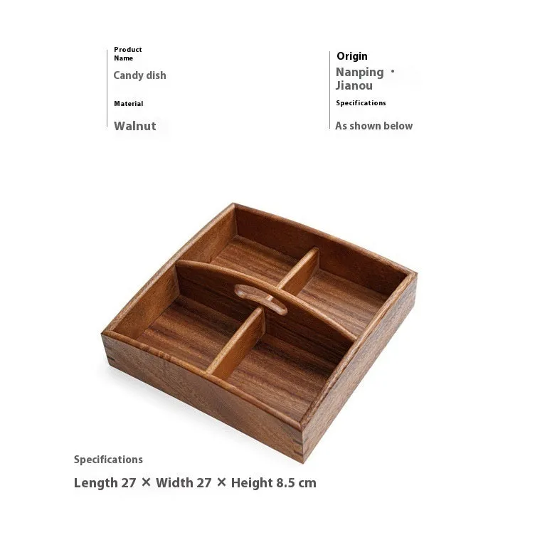 Solid wood snack tray in burlywood with multiple grid compartments for candy and trial portions