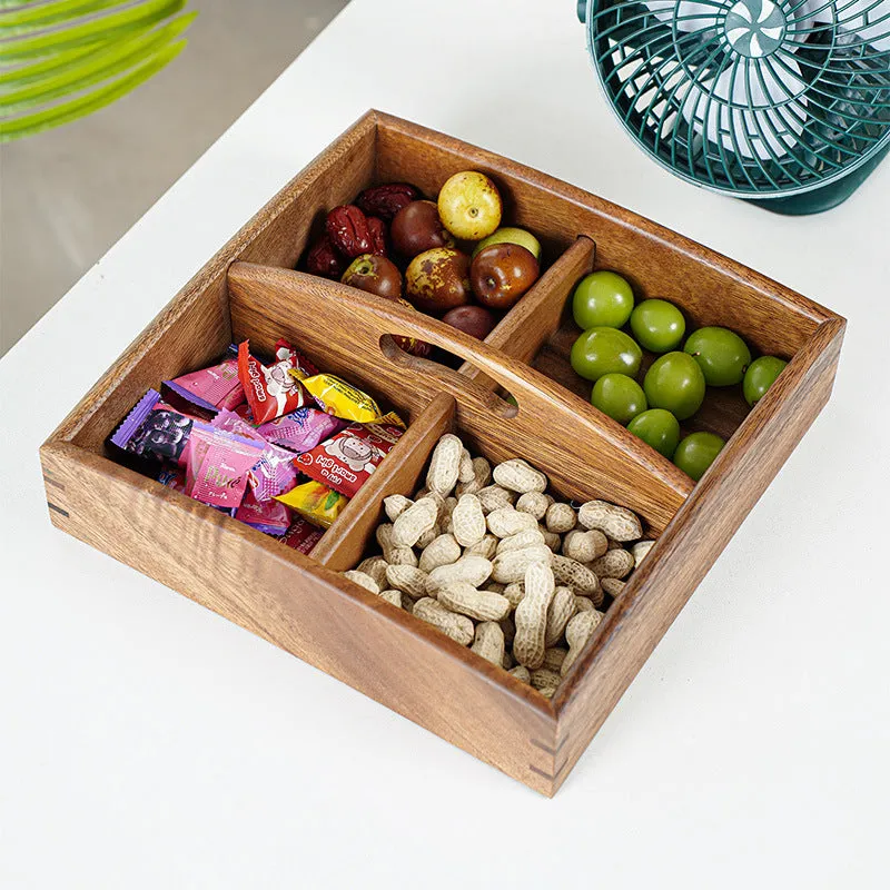 Solid wood snack tray in burlywood with multiple grid compartments for candy and trial portions
