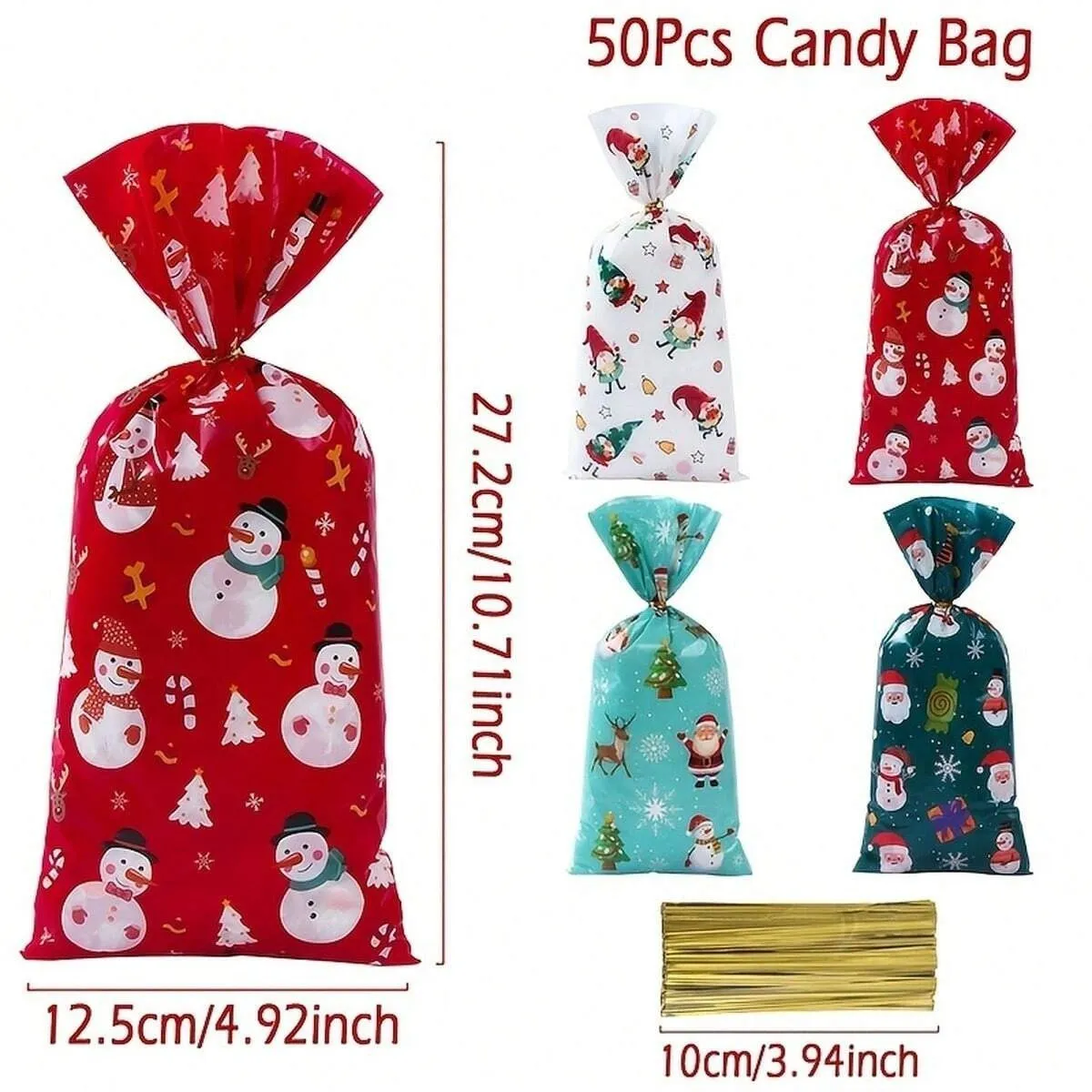 Pack of 50 transparent OPP Christmas gift tying packing bags in flat 13x27cm size