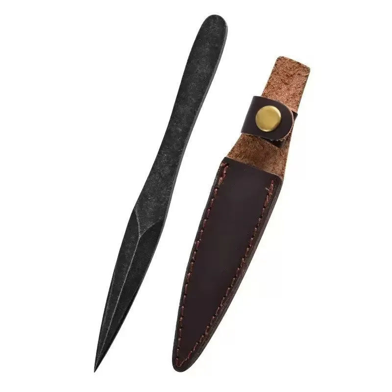 Black stainless steel hand pry tea knife with pointed blade on plain background