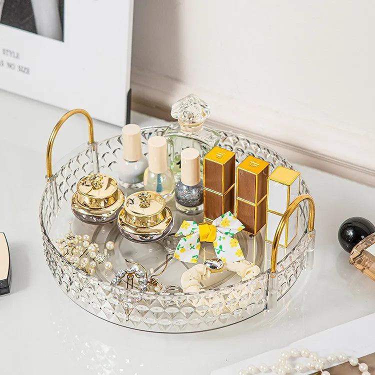 Light luxury cosmetics storage box with PET plastic and metal frame, double layer configuration