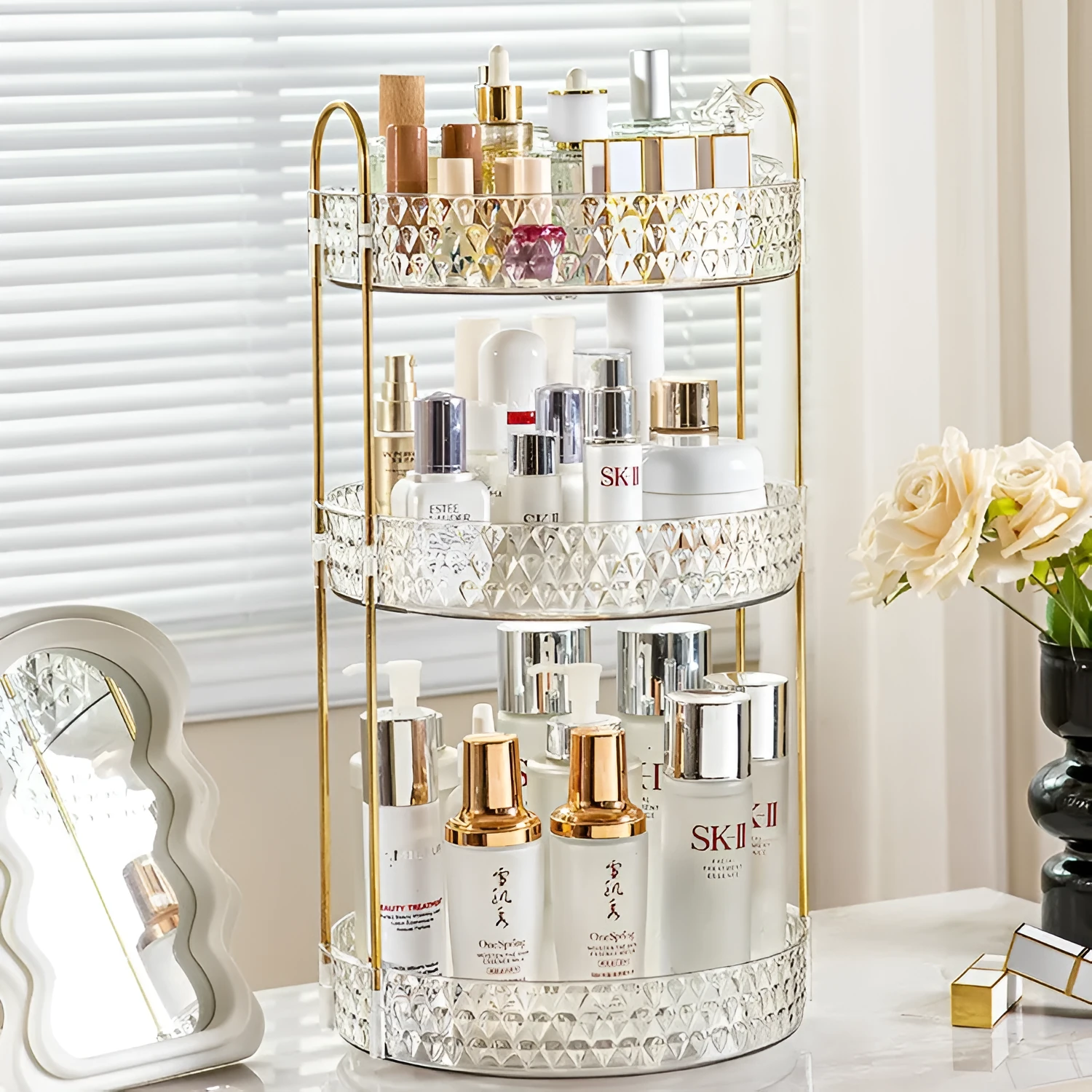 Light luxury cosmetics storage box with PET plastic and metal frame, double layer configuration