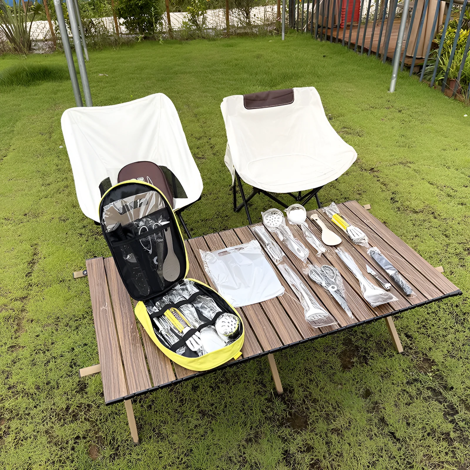 12 piece stainless steel picnic kitchenware set in portable storage bag for outdoor dining