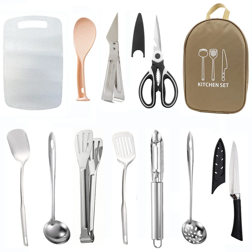 12 piece stainless steel picnic kitchenware set in portable storage bag for outdoor dining