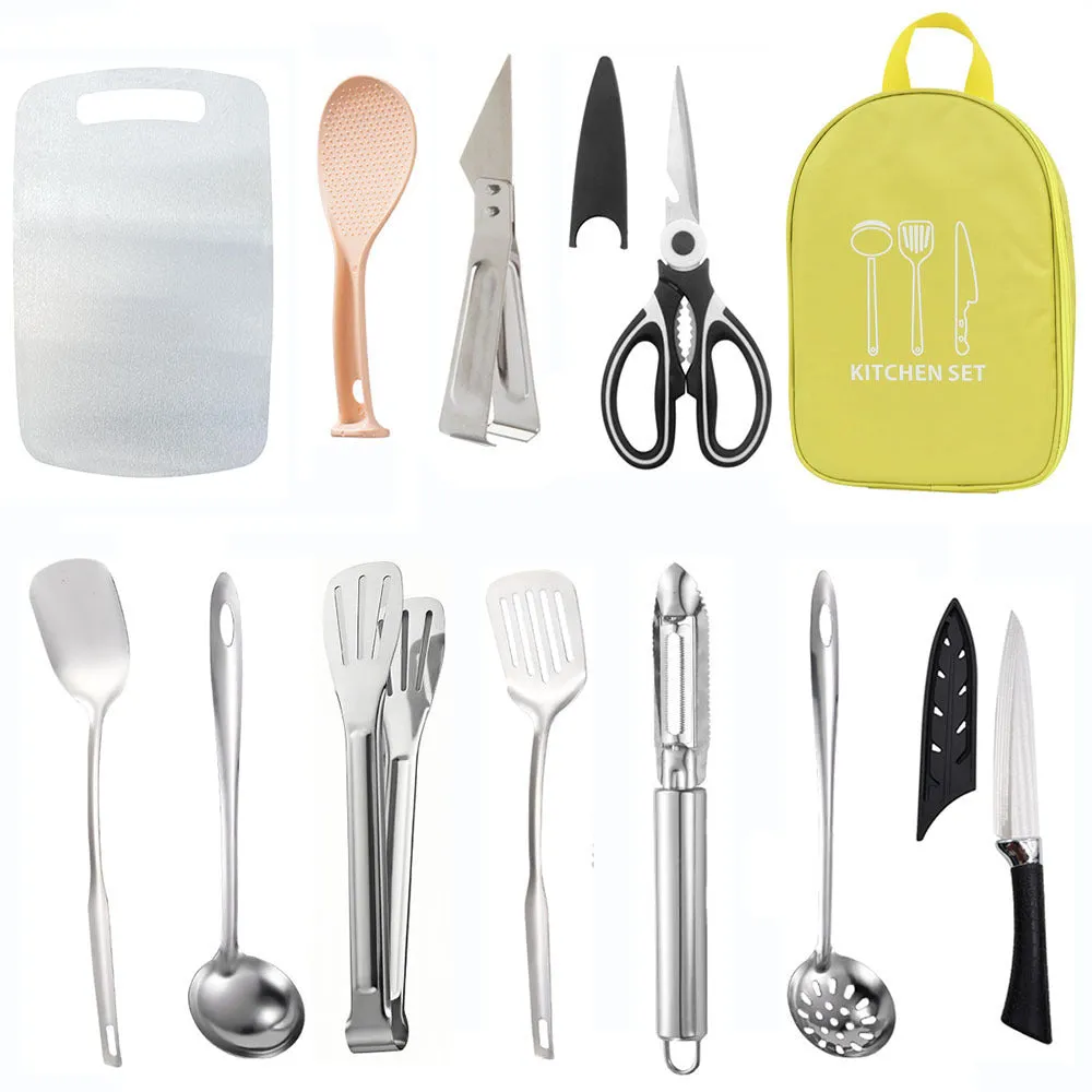 12 piece stainless steel picnic kitchenware set in portable storage bag for outdoor dining