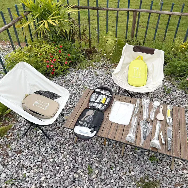 12 piece stainless steel picnic kitchenware set in portable storage bag for outdoor dining