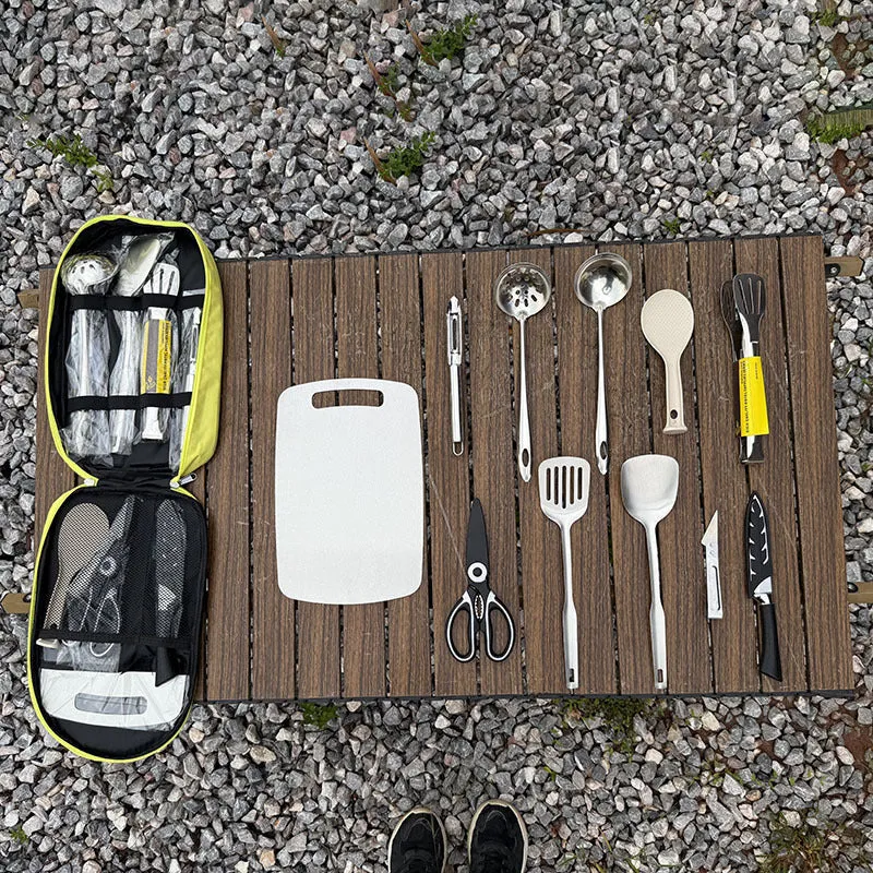 12 piece stainless steel picnic kitchenware set in portable storage bag for outdoor dining