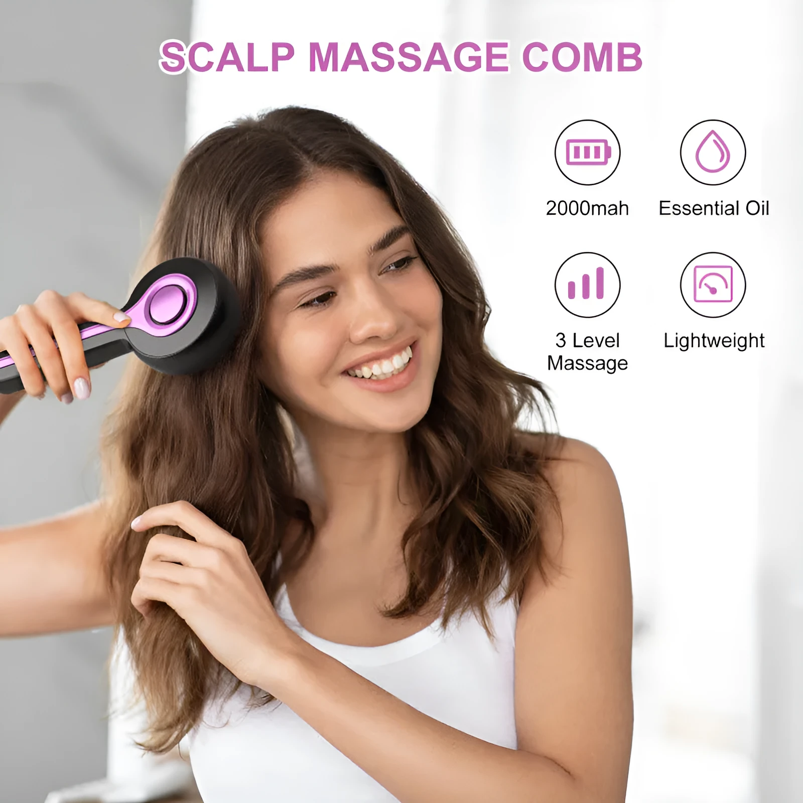 USB-powered anti-leak hair brush massager in black with mechanical 2-gear control buttons