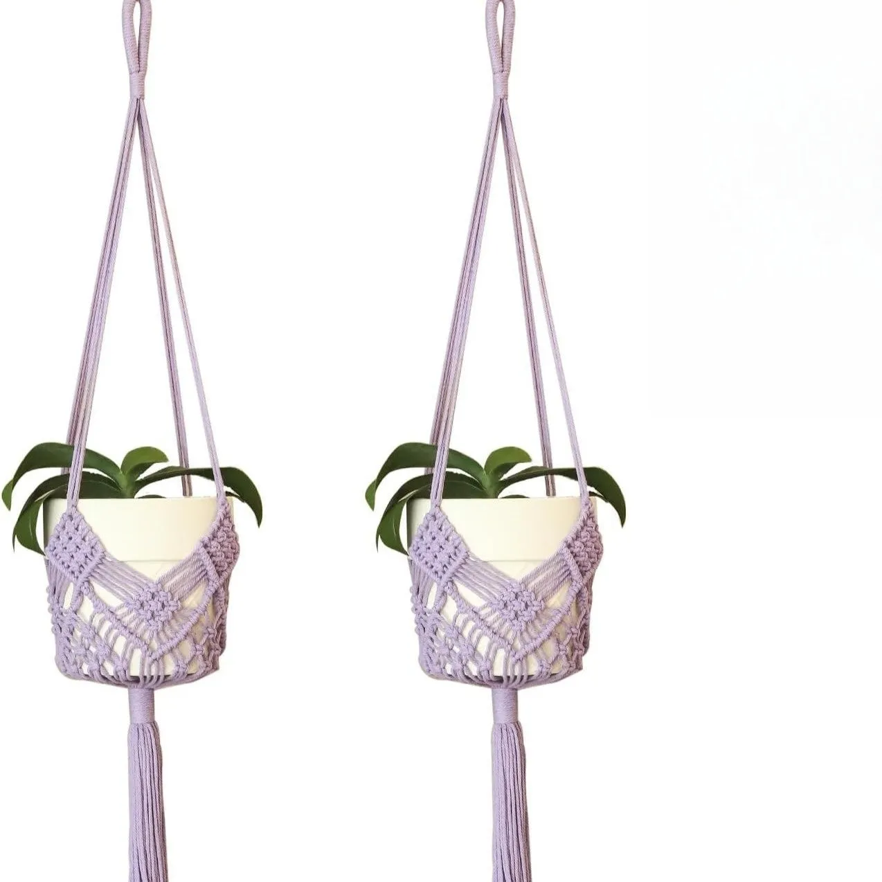 Hand-woven polyester cotton flower pot with net pocket extension cord in brown colour