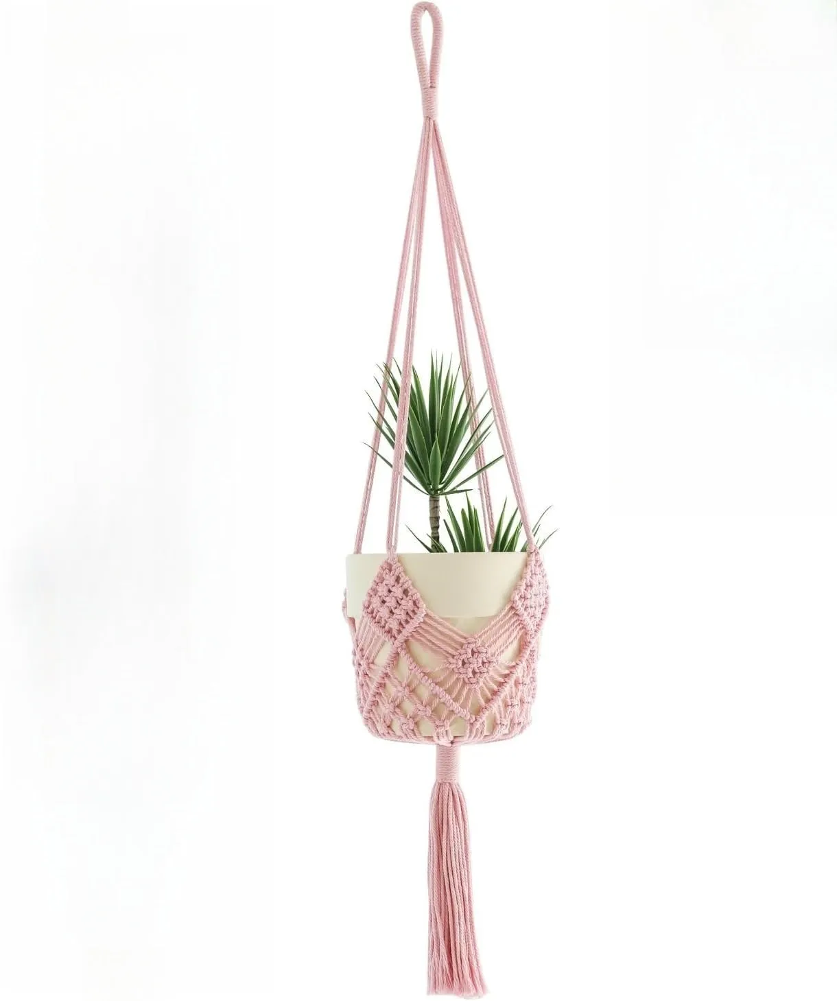 Hand-woven polyester cotton flower pot with net pocket extension cord in brown colour