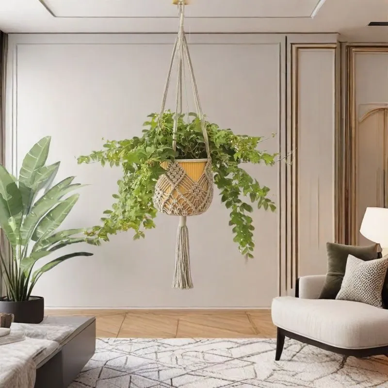Hand-woven polyester cotton flower pot with net pocket extension cord in brown colour