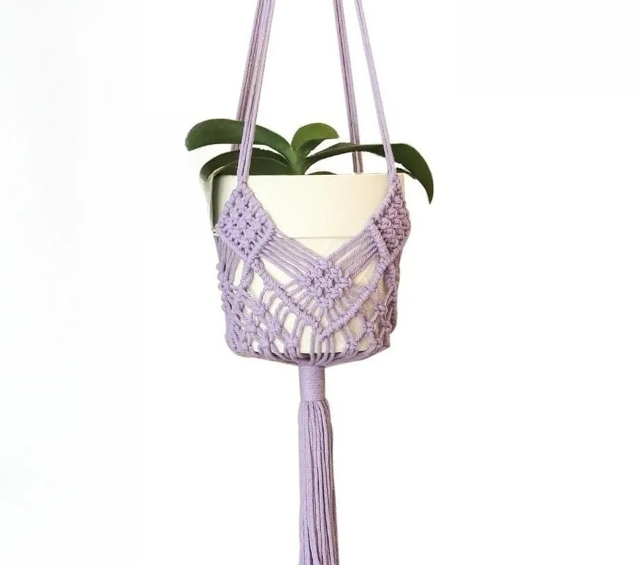 Hand-woven polyester cotton flower pot with net pocket extension cord in brown colour