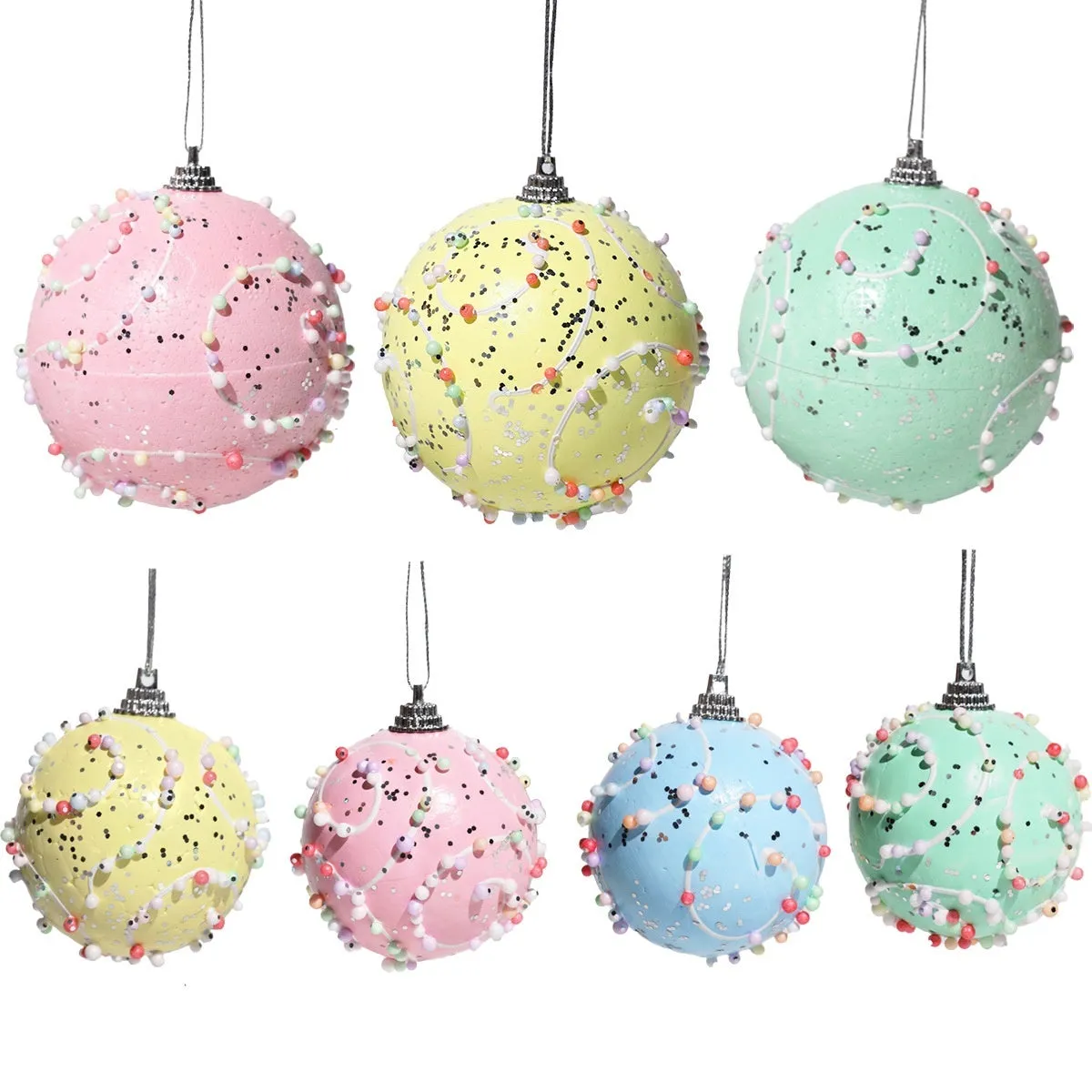 Set of colourful Christmas macaron ball foam pendants in 6cm and 8cm sizes