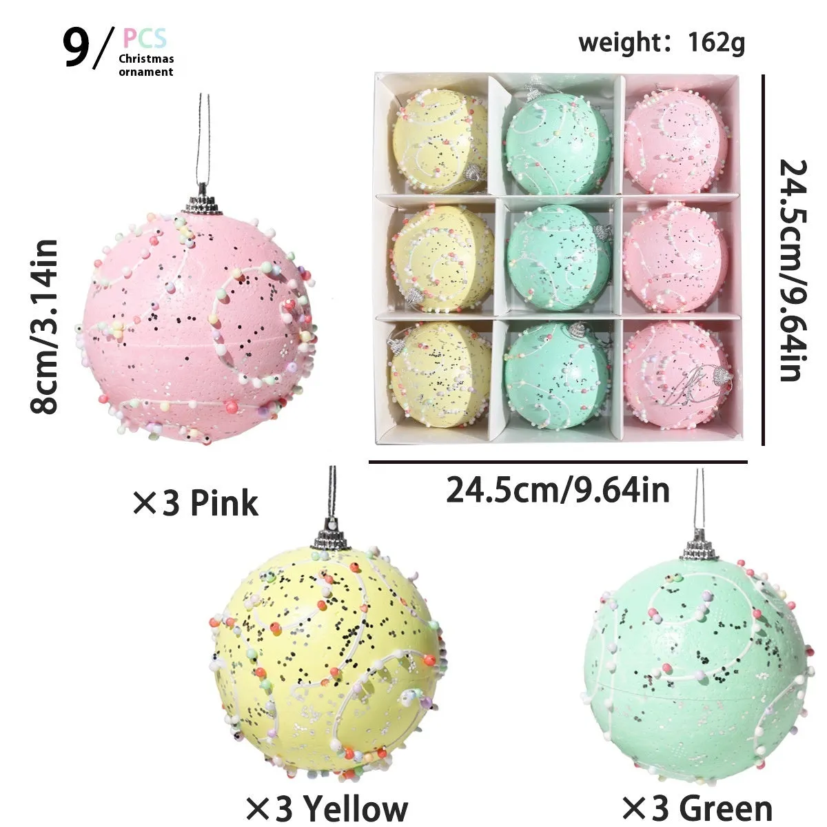 Set of colourful Christmas macaron ball foam pendants in 6cm and 8cm sizes
