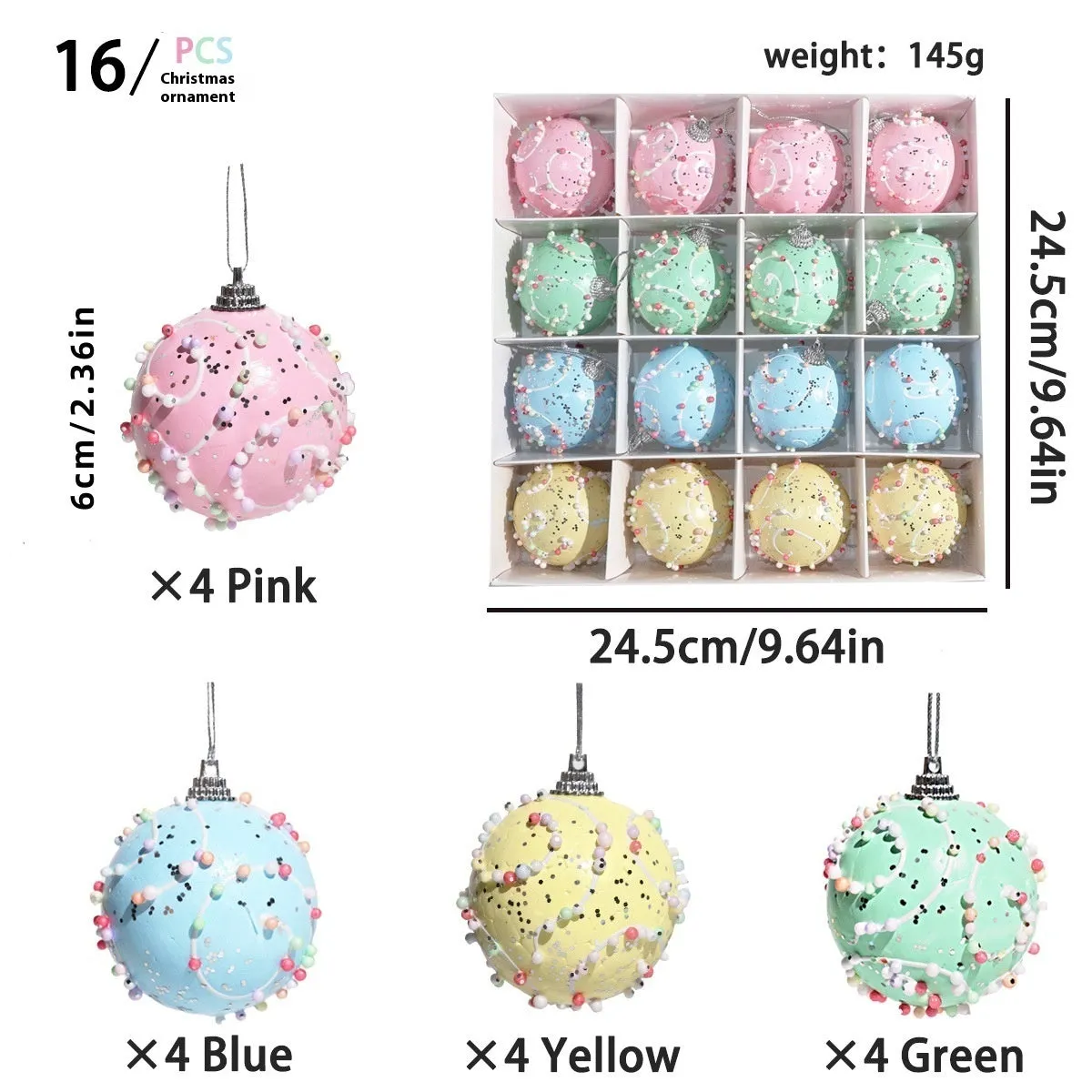Set of colourful Christmas macaron ball foam pendants in 6cm and 8cm sizes