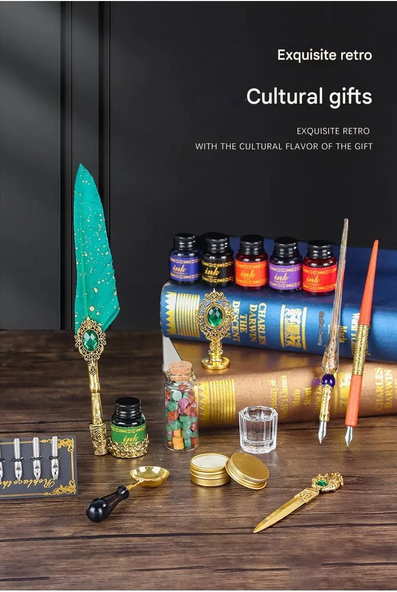 Gray mechanical feather fountain pen set with metal alloy body and decorative feather
