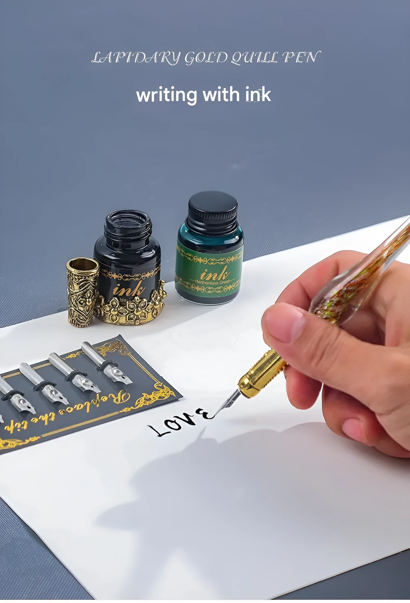 Gray mechanical feather fountain pen set with metal alloy body and decorative feather